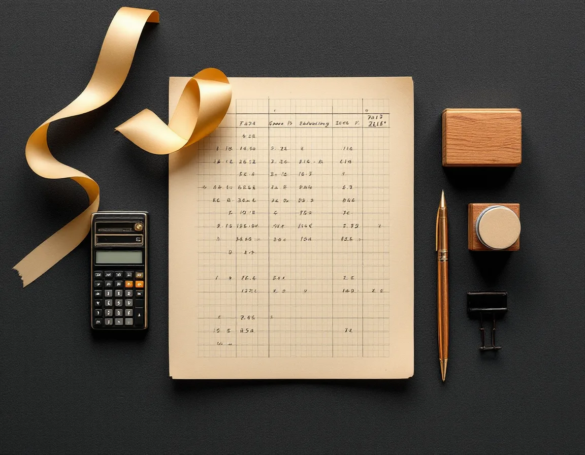 Flat-lay of graph paper columns, a printing calculator with curling tape, a copper pen and a rubber stamp
