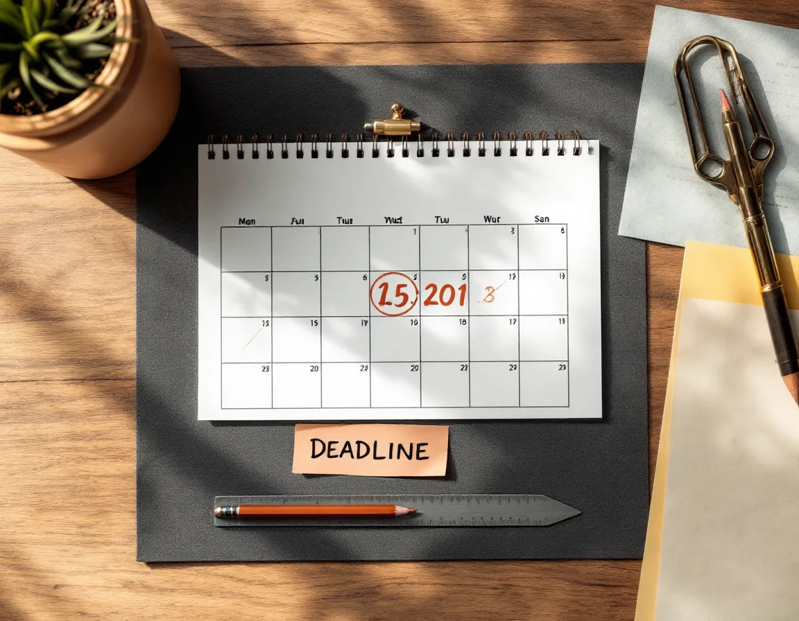Desk calendar with days crossed off in copper pencil toward a circled due date, beside a brass timer and steel ruler